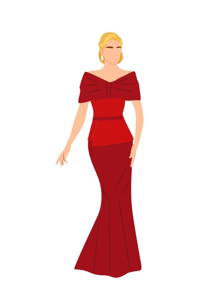 Beautiful blond woman in a red long evening gown vector