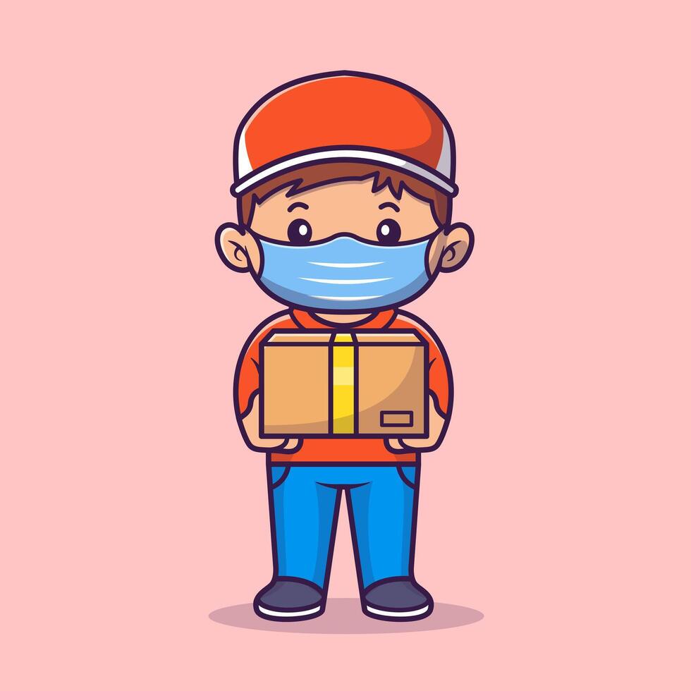 Cute Courier Delivery Package with Mask Cartoon vector