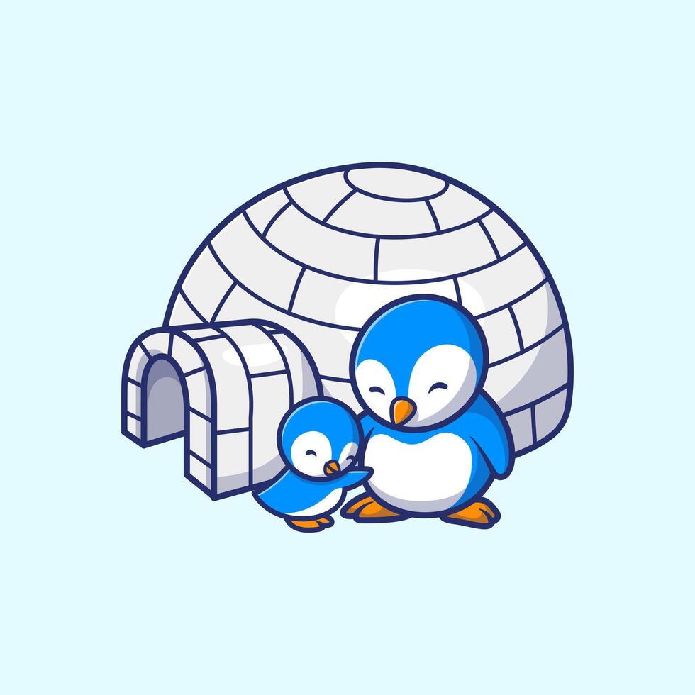 Cute Penguin Family With Igloo Cartoon vector