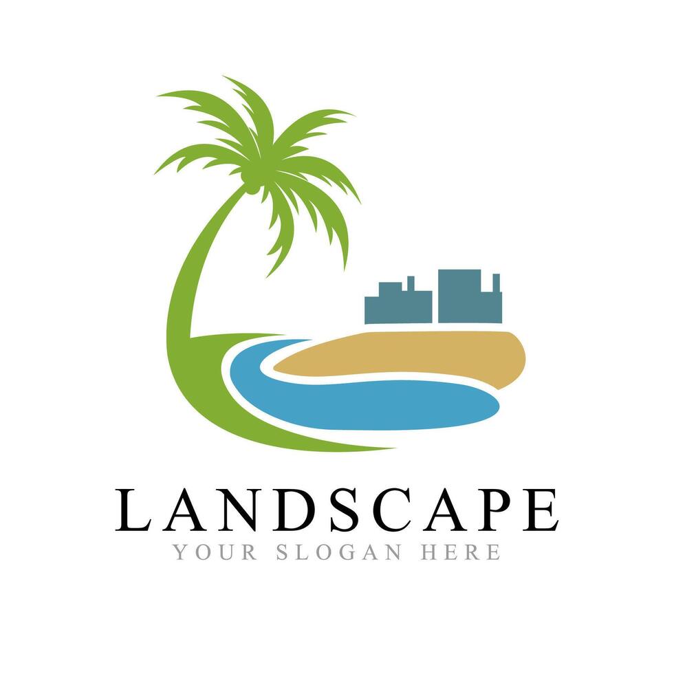 Tropical Landscape Logo with Palm Tree, River, and Building Silhouettes vector