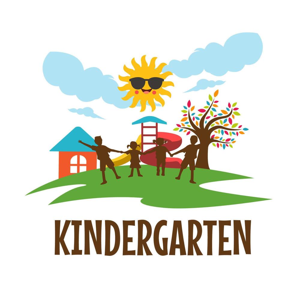 Colorful Kindergarten Logo with Kids, Playground, and Sun Illustration vector