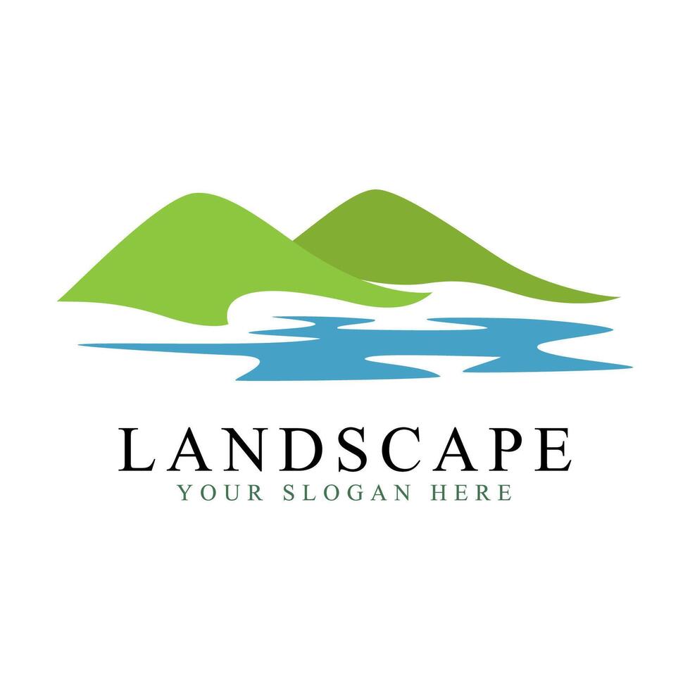 Minimalist Landscape Logo with Green Hills and Blue River vector