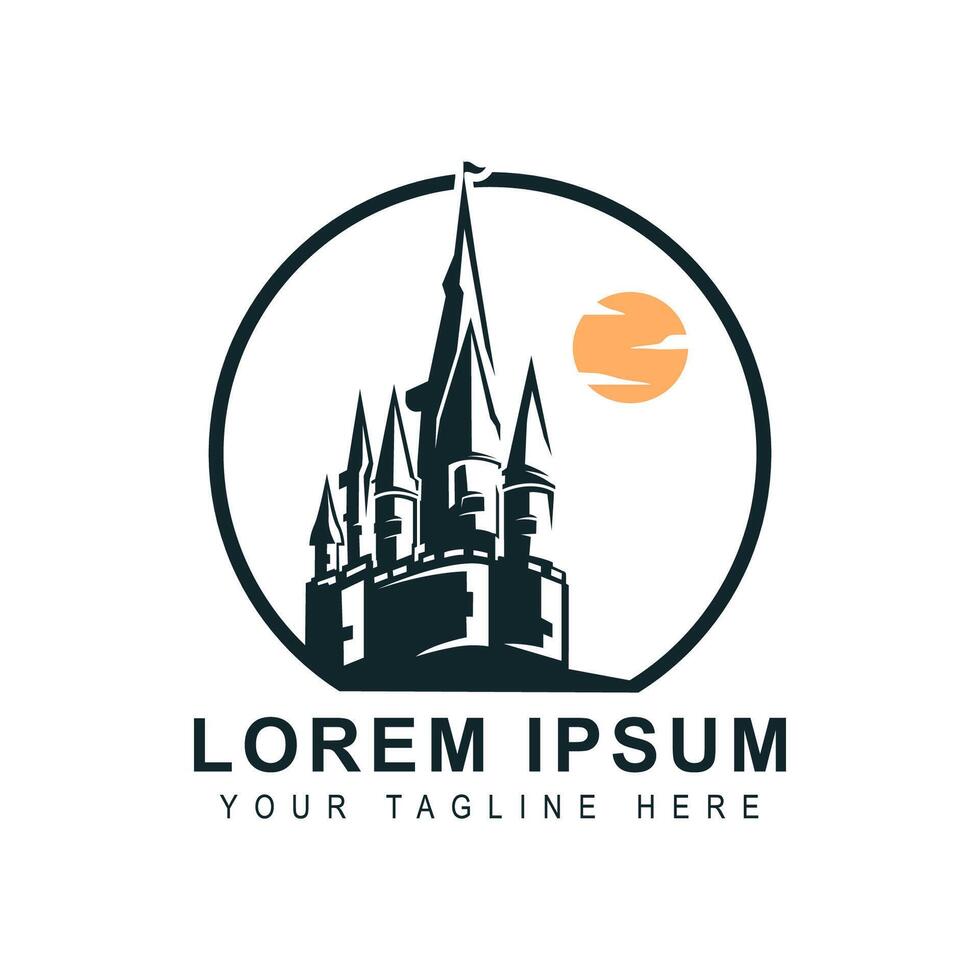 Silhouette Castle Logo with Circular Frame and Sunset illustration vector