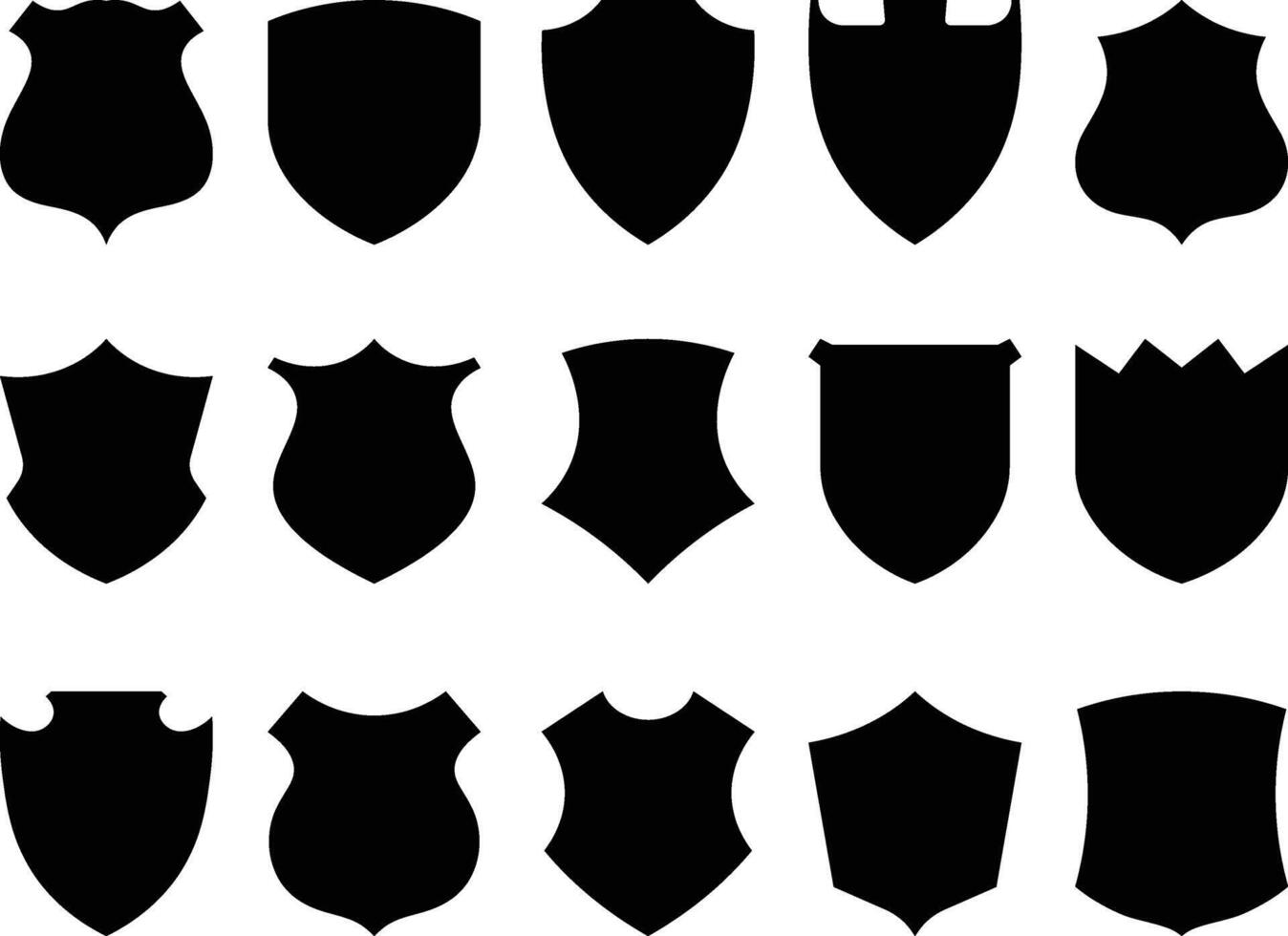 Various simple black shields in different shapes and designs representing protection and security vector