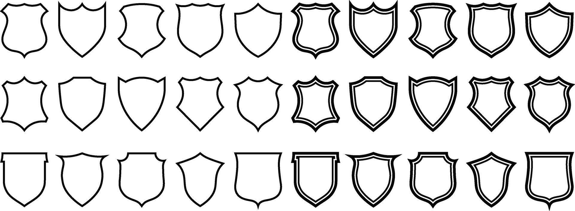 Set of thirty unique black line art shields in different shapes and designs vector