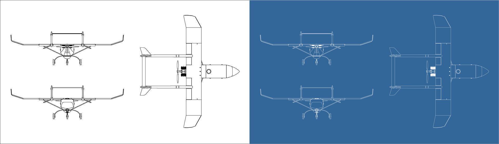 Set UAV military drone blueprint top, front and rear view isolated background vector