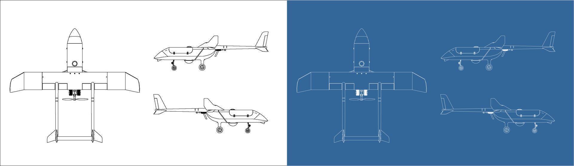 Set 3d blueprint UAV military drone isolated background vector