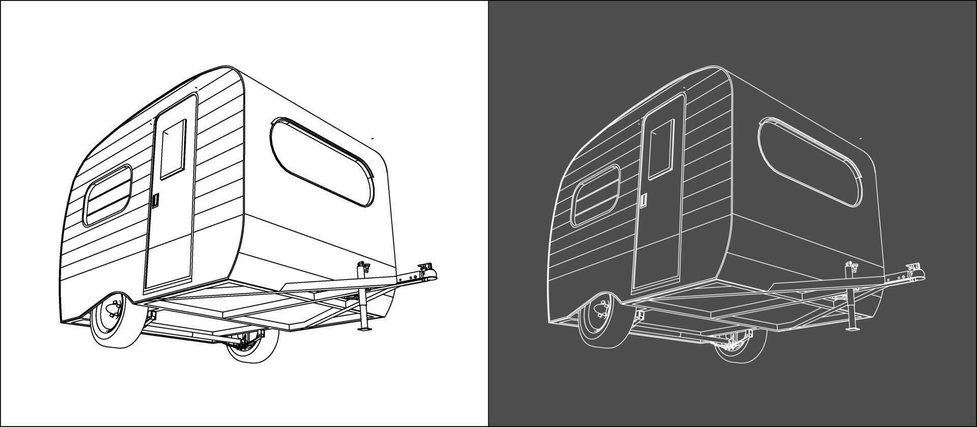 Isometric view Car Travel Recreational vehicle RV Trailer technical line drawing blueprint wireframe concept isolated background vector