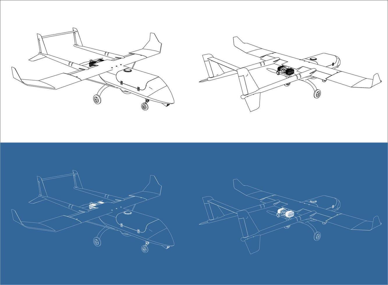 Isometric view UAV military drone technical drawing isolated background vector