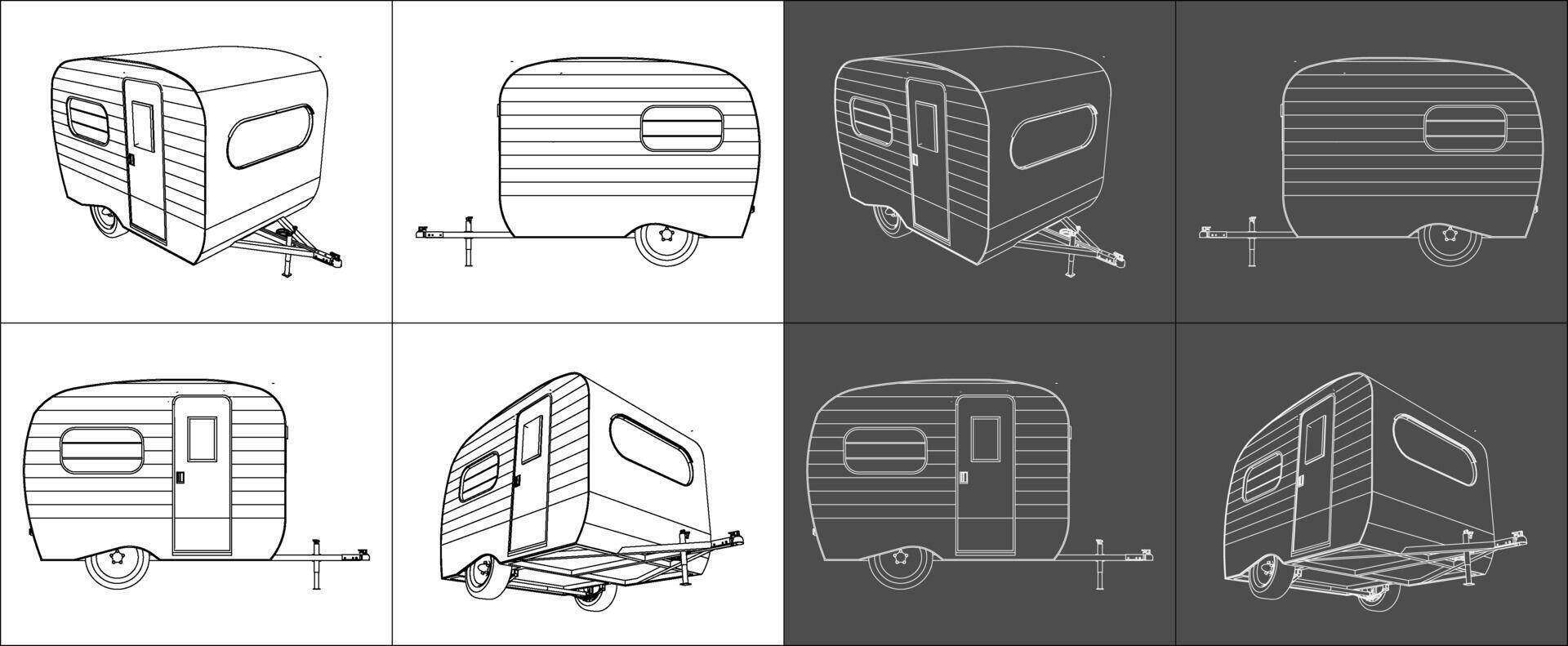 Set car Travel Recreational vehicle RV Trailer technical line drawing blueprint wireframe concept isolated background vector