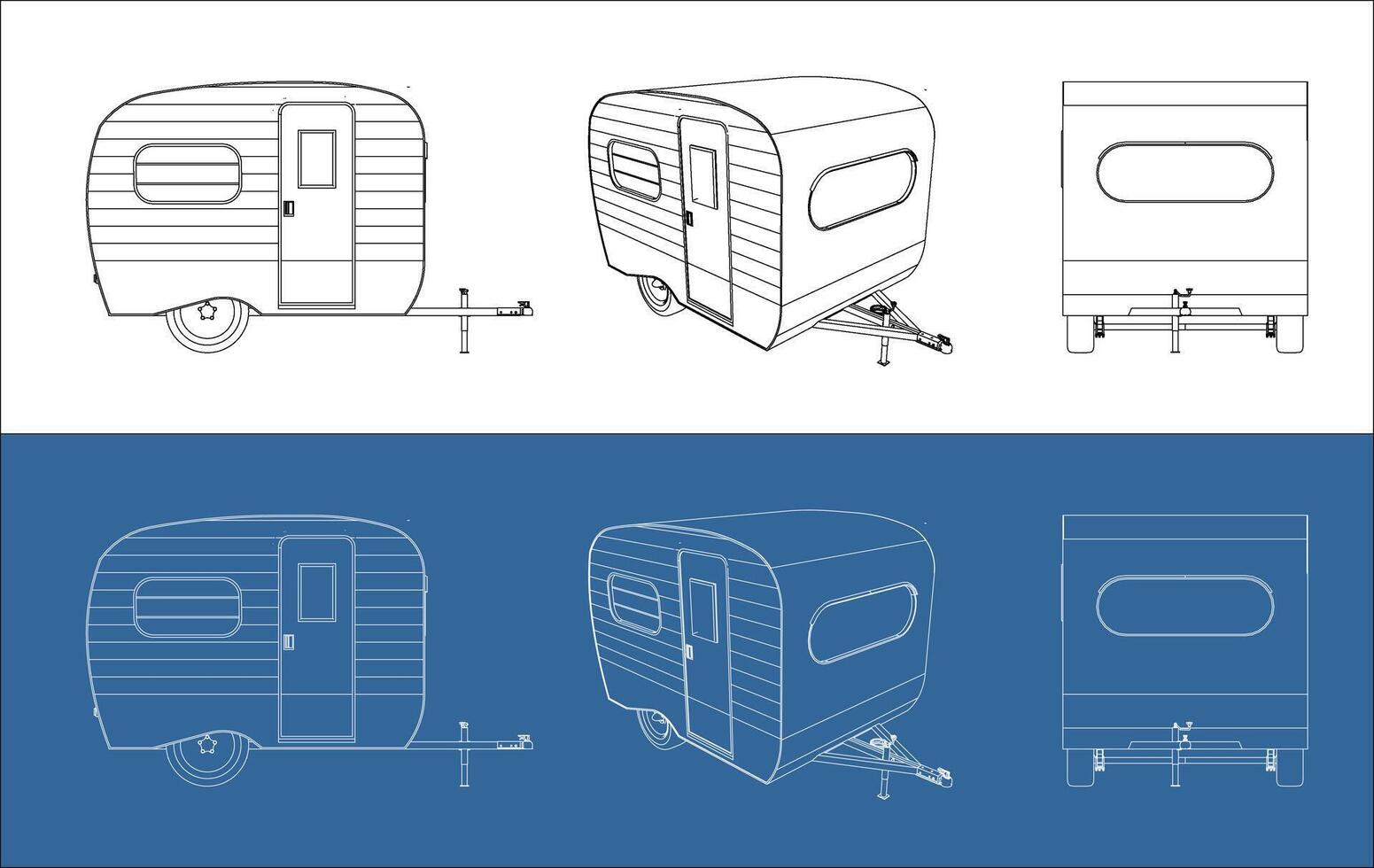 Car Travel Recreational vehicle RV Trailer technical line drawing blueprint wireframe concept isolated background vector
