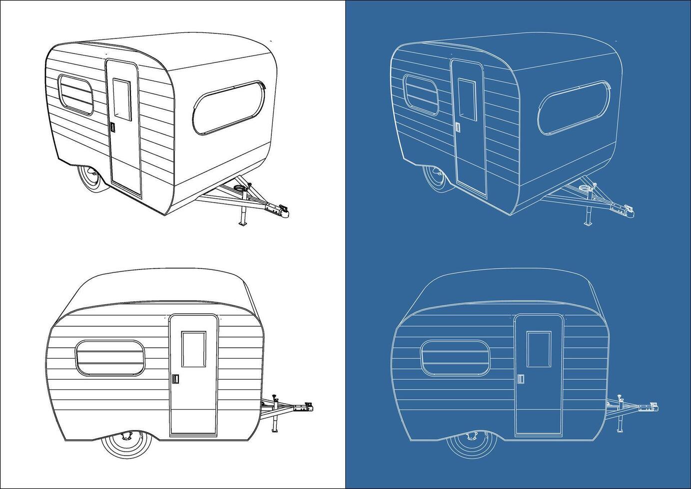 Trailer RV Travel Recreational vehicle travel car technical line drawing blueprint wireframe concept isolated background vector