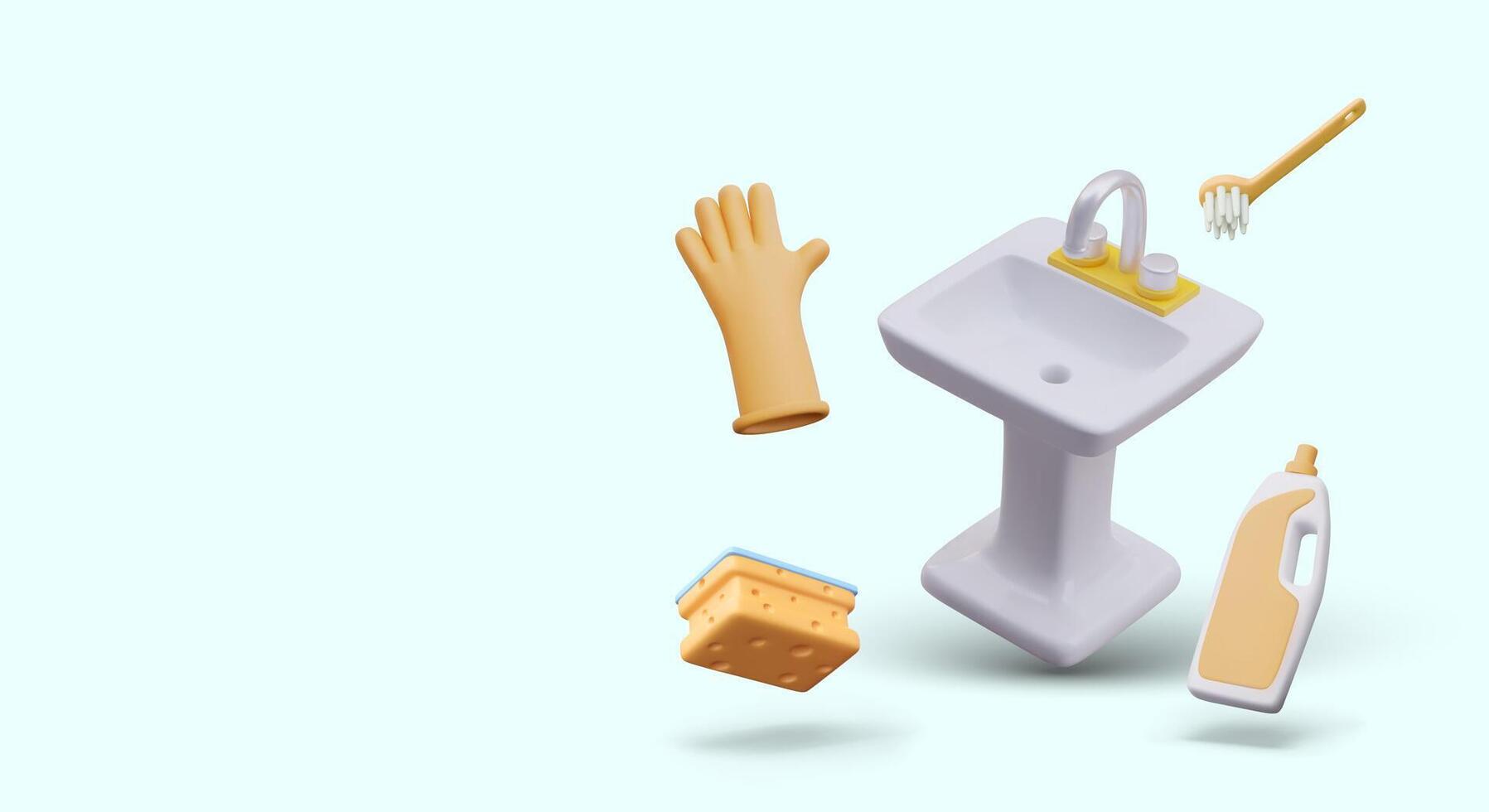 Concept of sanitary ware cleaning. Realistic sink, brush, sponge, rubber glove, bottle vector