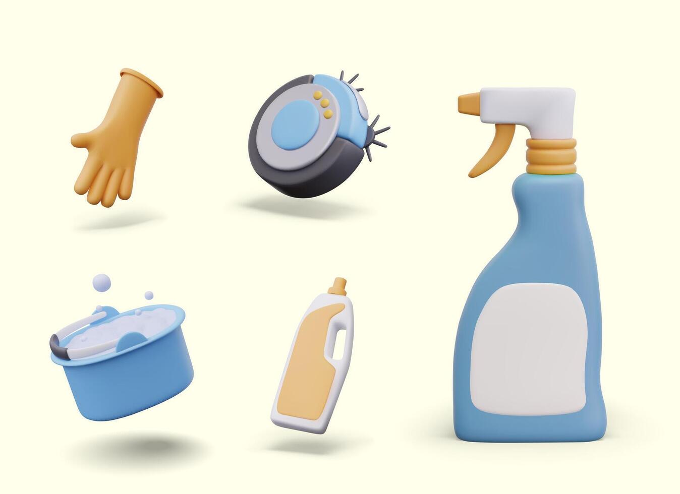 Rubber glove, robot vacuum cleaner, plastic bottle for detergent, spray, bucket of soapy water vector