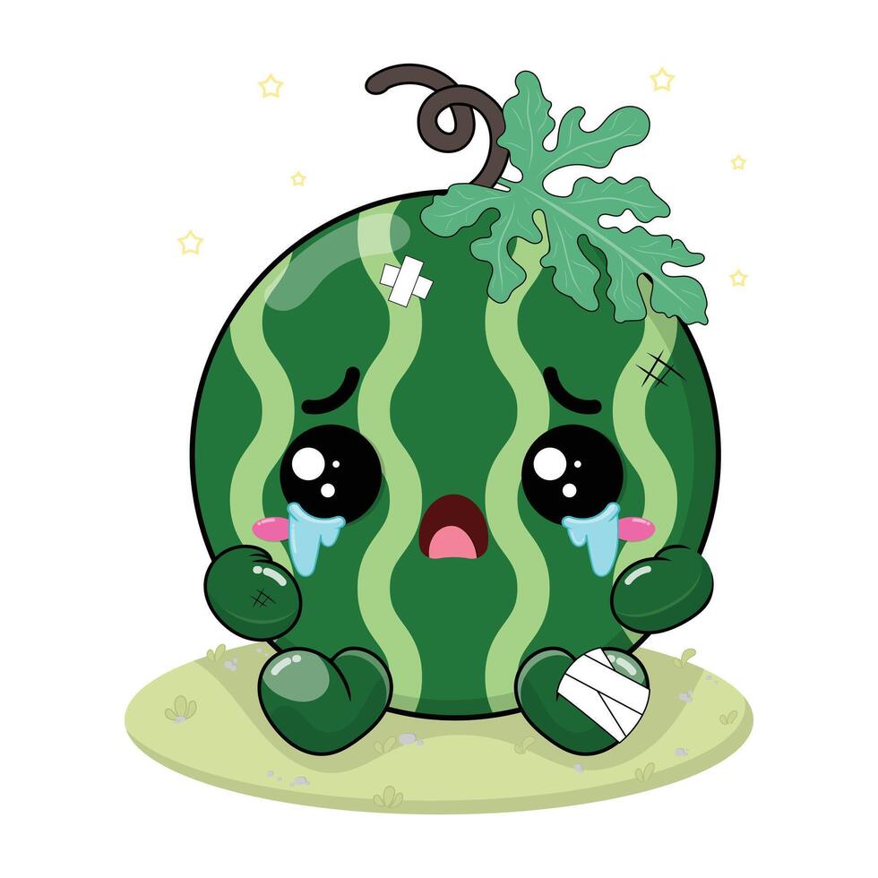 Sad And Crying Watermelon Cartoon Character With Wound On His Body Sitting On The Green Grass vector