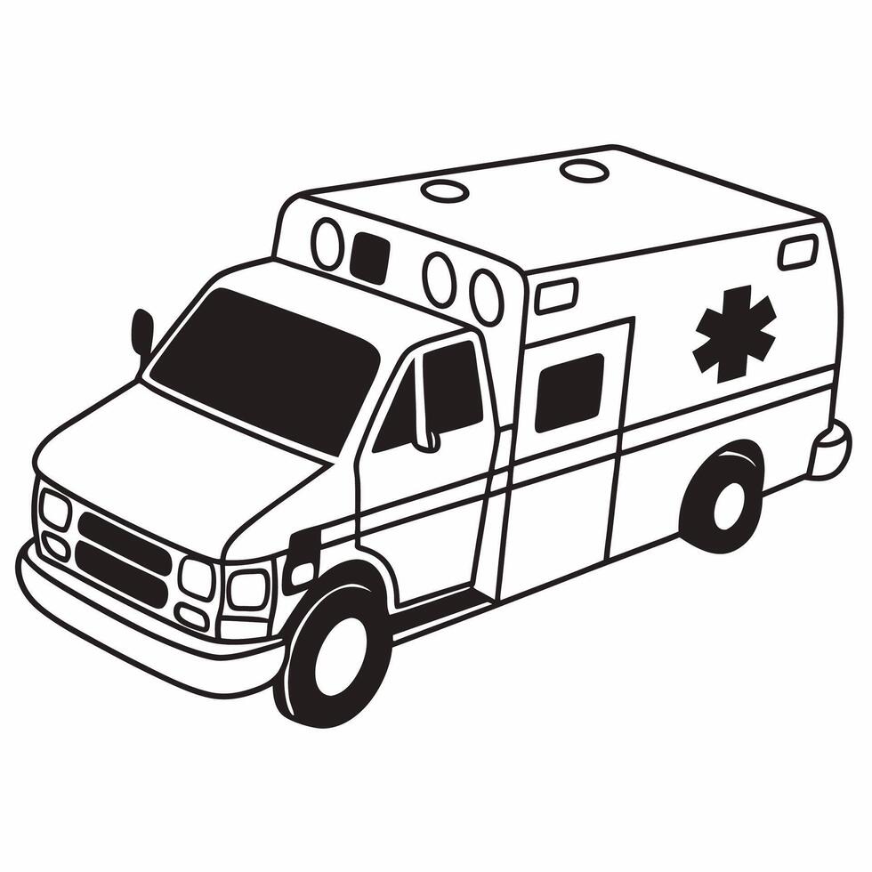 An ambulance is shown in black and white vector