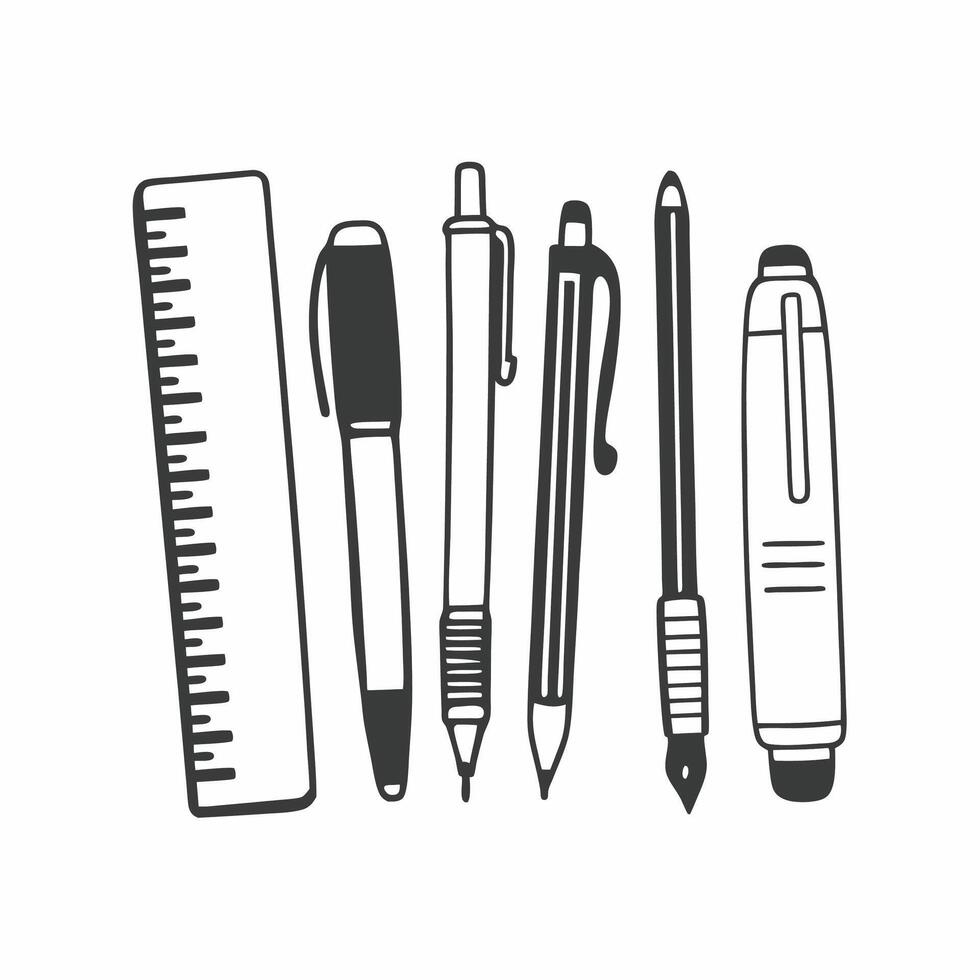 A set of pens, pencils and ruler on a white background vector