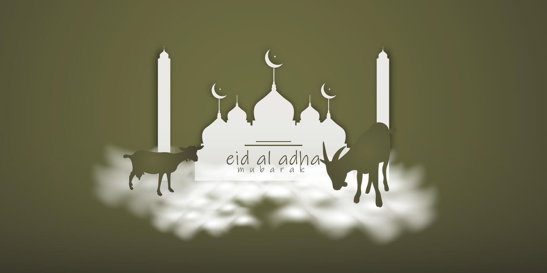 Eid Al Adha Mubarak Greeting with Mosque and Sacrifice Animals vector