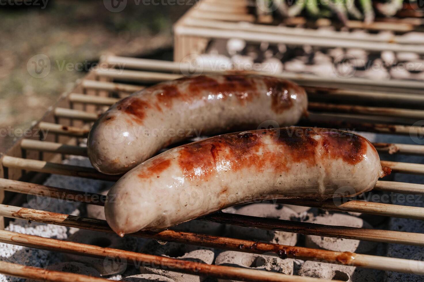 Summer picnic banner with sausages on grill. Healthy food concept photo