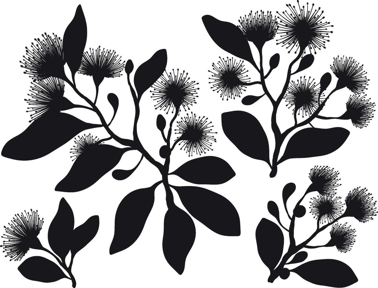 A vibrant illustration featuring silhouette leafy branches with fluffy eucalyptus flowers vector
