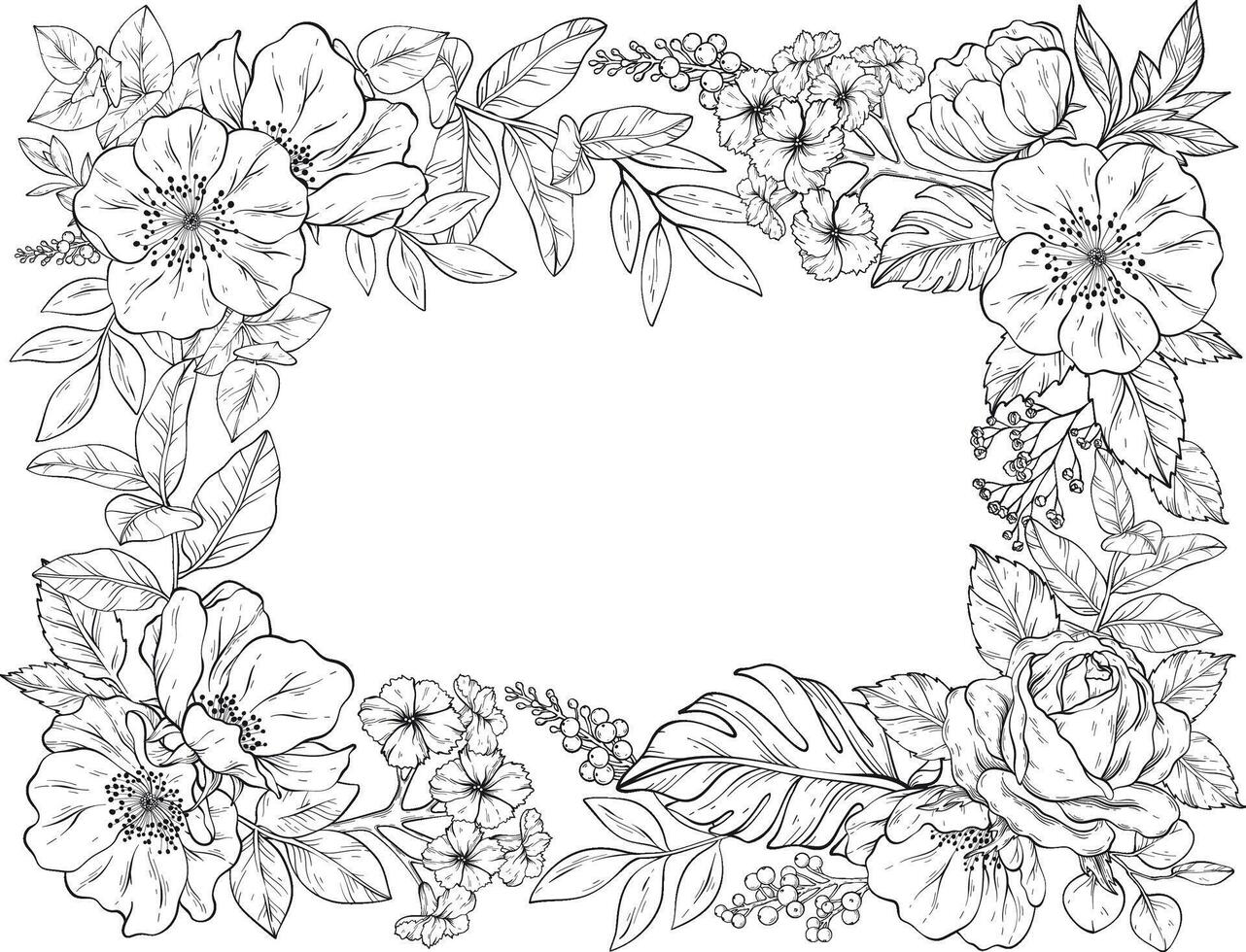 A delicate illustration of a outlines floral frame featuring roses, poppies, peonies, geraniums, and various foliage vector