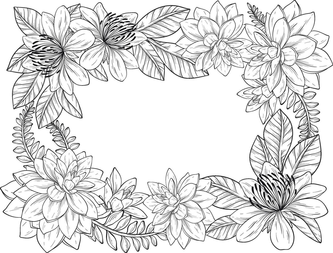 A outline illustration of a succulent floral frame featuring a variety of blooming flowers and lush leaves arranged in a decorative border vector