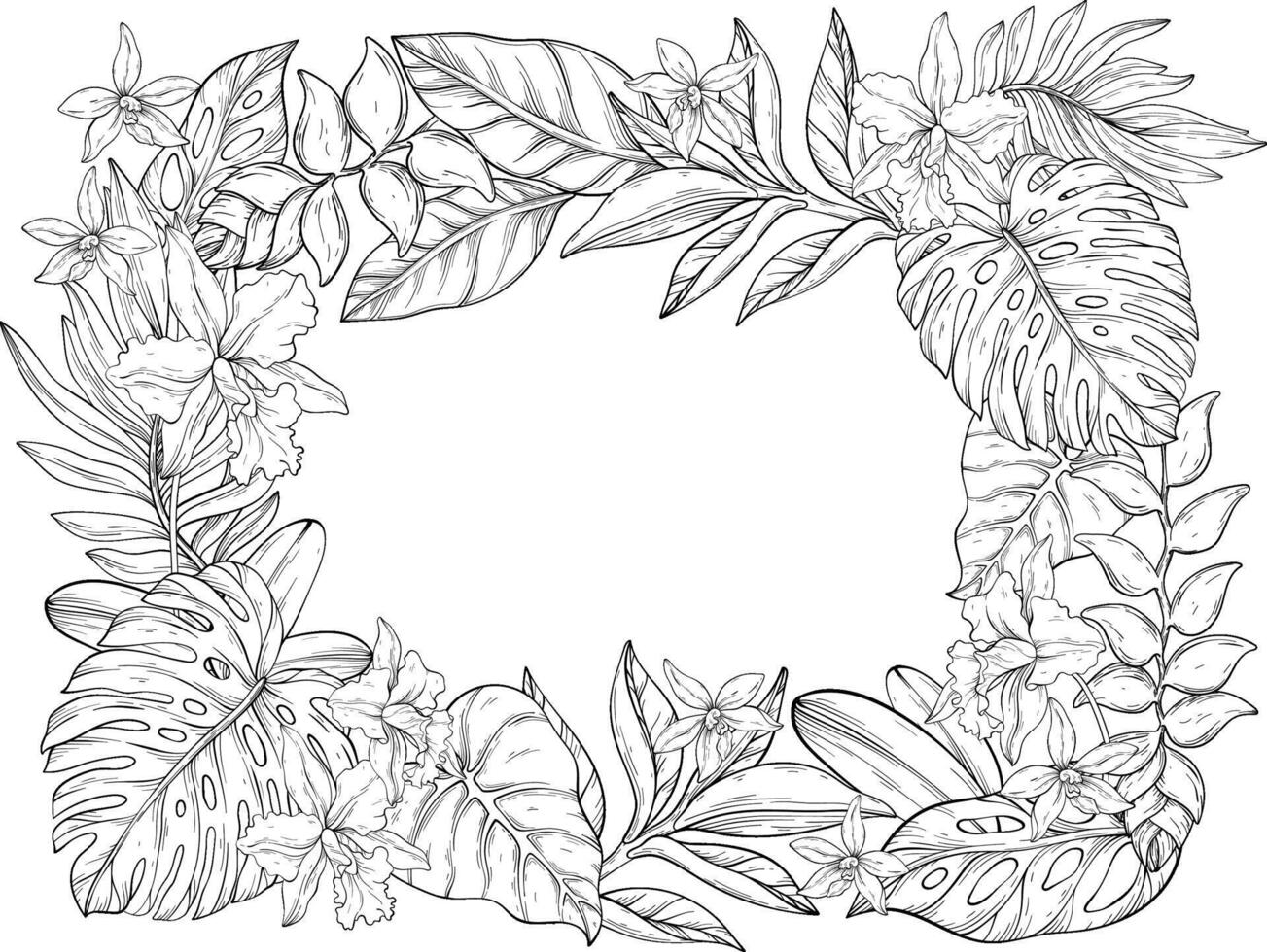 A detailed illustration of a tropical floral outlines frame featuring orchids, heliconias, plumerias, and monstera leaves surrounding a white center vector