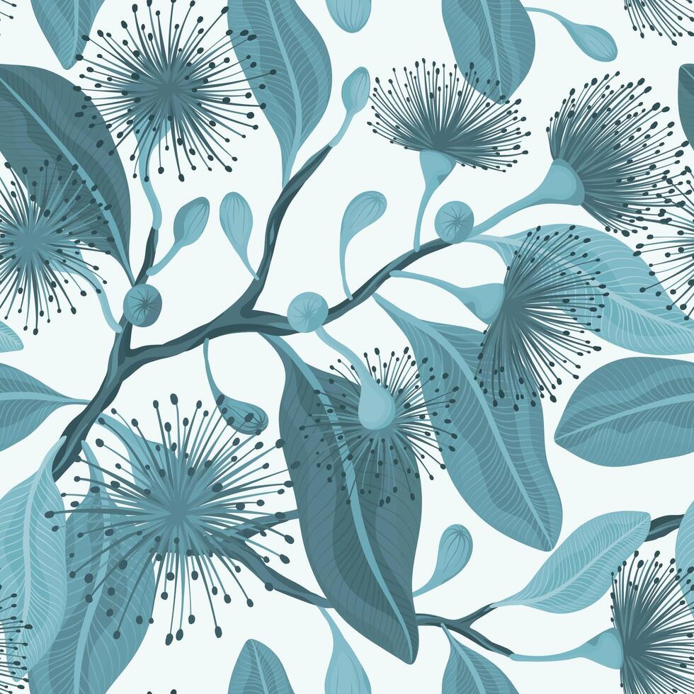 Seamless Monochrome blue pattern with leafy branches with purple fluffy eucalyptus flowers, illustration vector