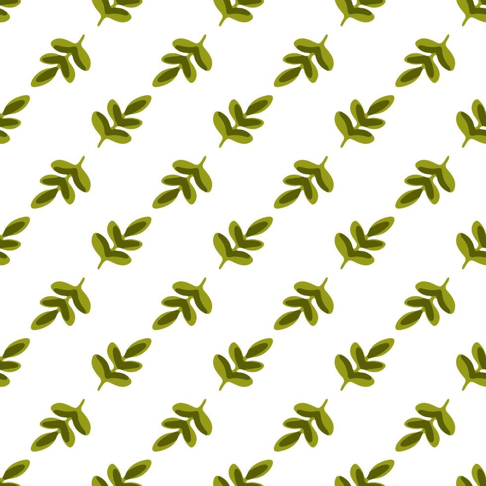 Seamless Green Leaf Branch Pattern. Simple green botanical sprigs with oval leaves on white background. Flat cartoon seamless repeat design. vector