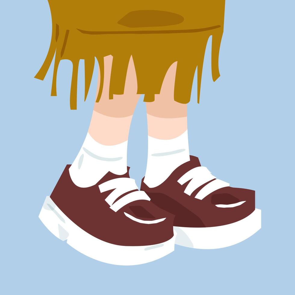 Cartoon Child in Oversized Sneakers. Kid s legs in oversized burgundy sneakers and white socks with torn brown skirt. Flat cartoon illustration on blue background. vector