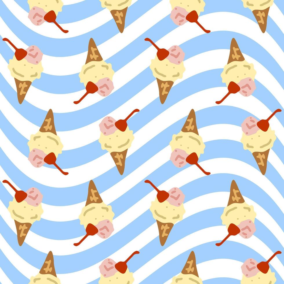 Seamless Cartoon Ice Cream Pattern. Cute waffle cones with vanilla and strawberry scoops topped with cherry on a wavy blue and white background. Flat cartoon seamless repeat design. vector