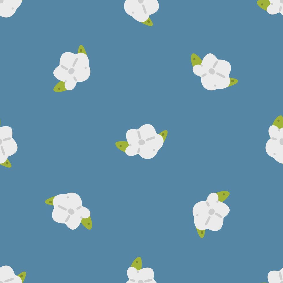 Seamless White Cotton Flower Pattern. Minimal white cotton flowers with green leaves on a dusty blue background. Flat cartoon style, seamless floral design. vector