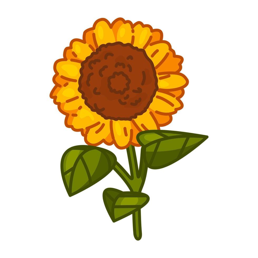 Cartoon Sunflower with Green Leaves. Bright yellow sunflower with brown center and green leaves. Cute cartoon illustration with bold outline, isolated on white background. vector