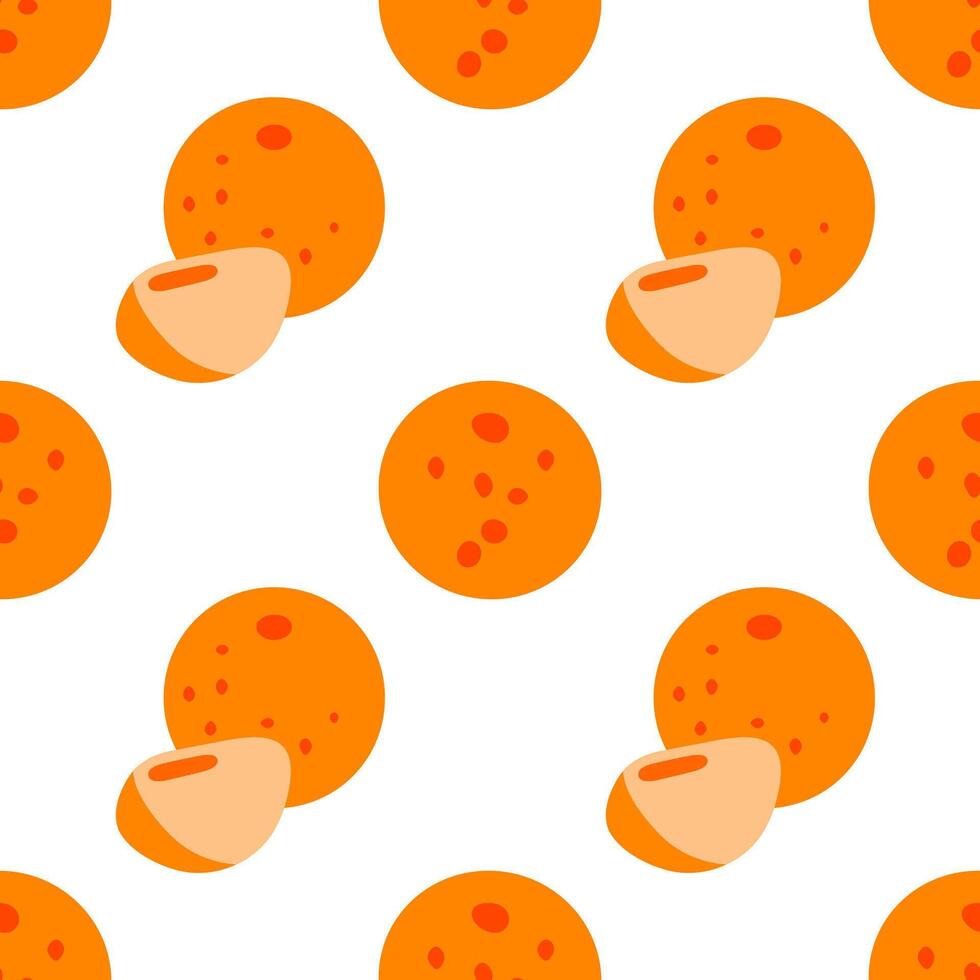 Seamless Cartoon Orange Fruit Pattern. Bright flat pattern with whole and halved oranges on white background. Flat cartoon seamless citrus fruit design. vector