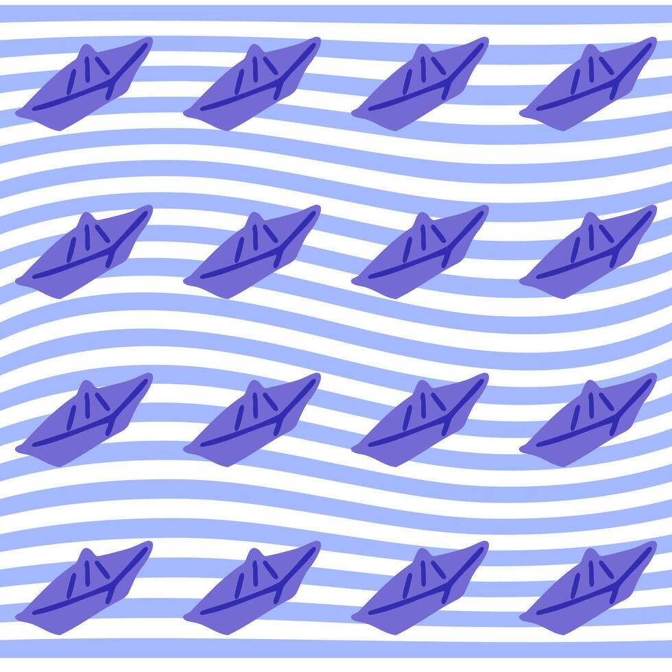 Seamless Paper Boat Summer Pattern. Purple paper boats floating on wavy blue and white striped background. Flat cartoon seamless repeat design. vector