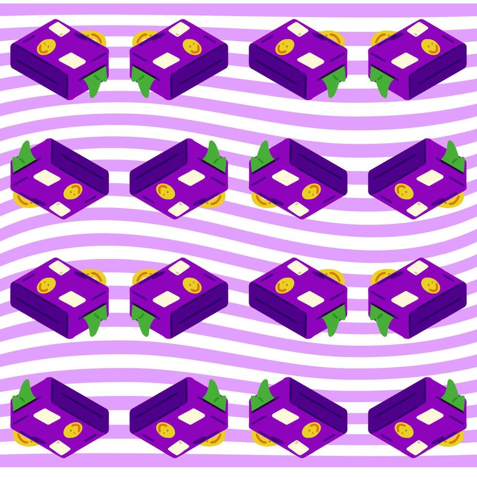 Seamless Cartoon Travel Suitcase Pattern. Isometric purple travel suitcases with stickers and tags on a wavy lilac striped background. Flat cartoon seamless repeat design. vector