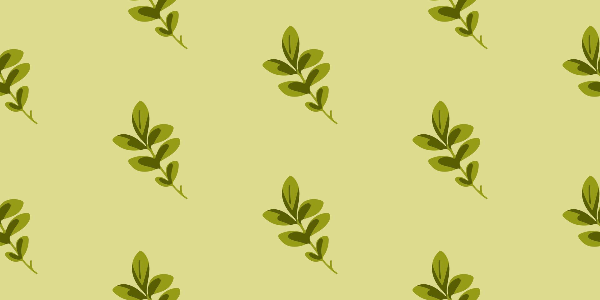 Seamless Olive Green Leaf Pattern. Simple green botanical branches with oval leaves on a soft yellow background. Flat cartoon seamless repeat design. vector
