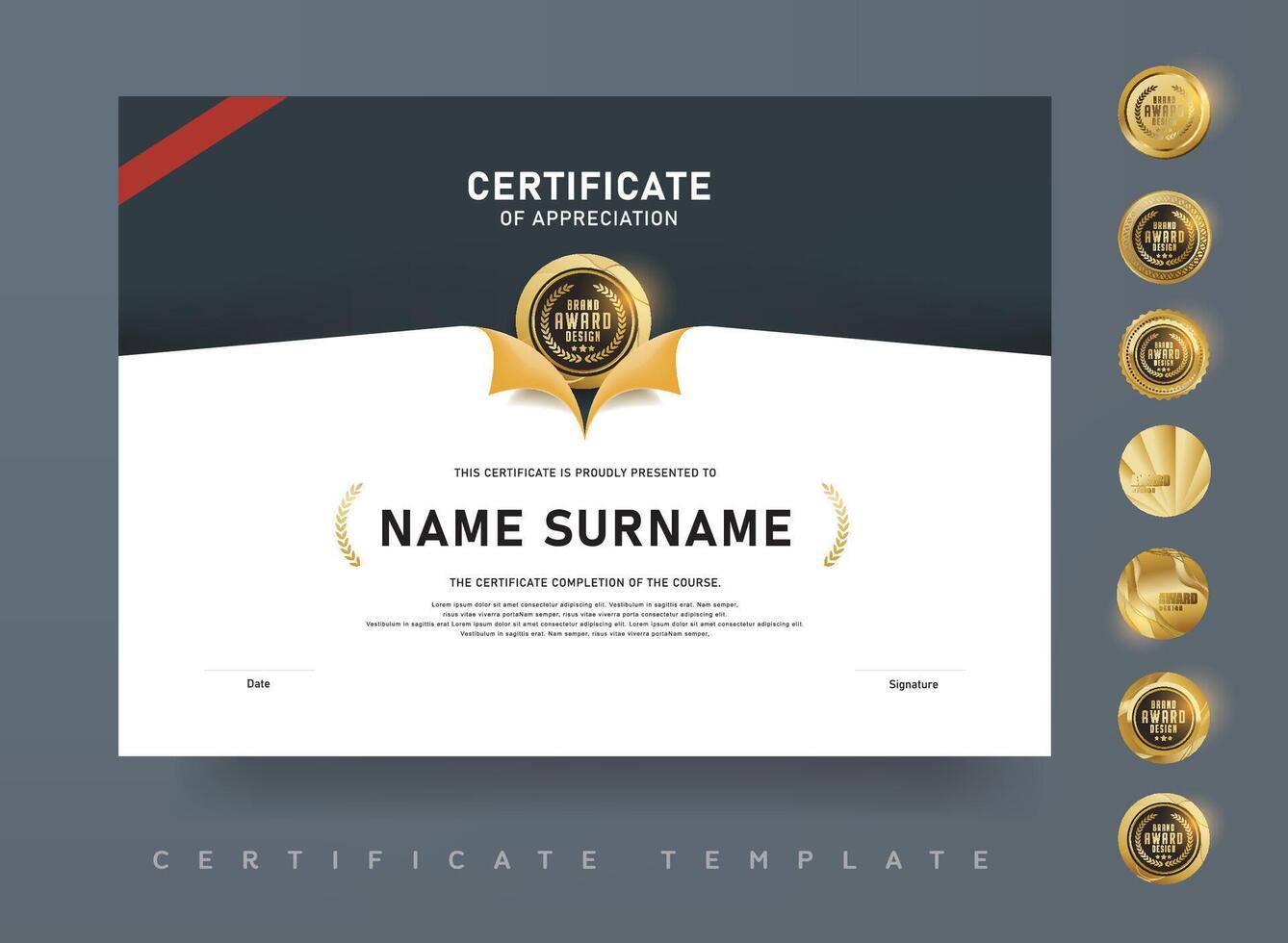 Elegant certificate template with dark gray background golden award emblem and editable layout suitable for recognition or professional use vector