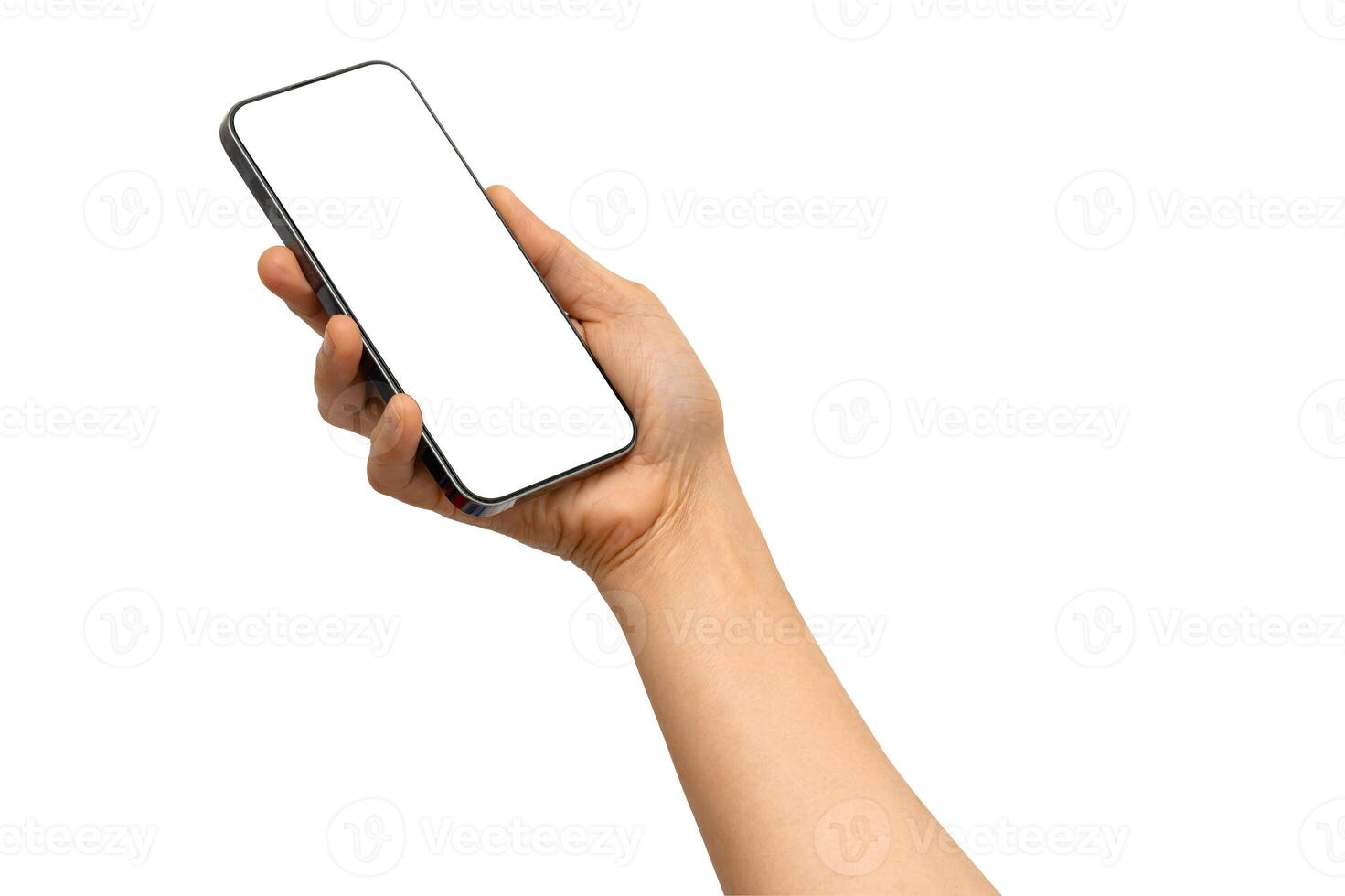 Asian woman holding smartphone in hand with blank screen isolated on white background with clipping path. photo