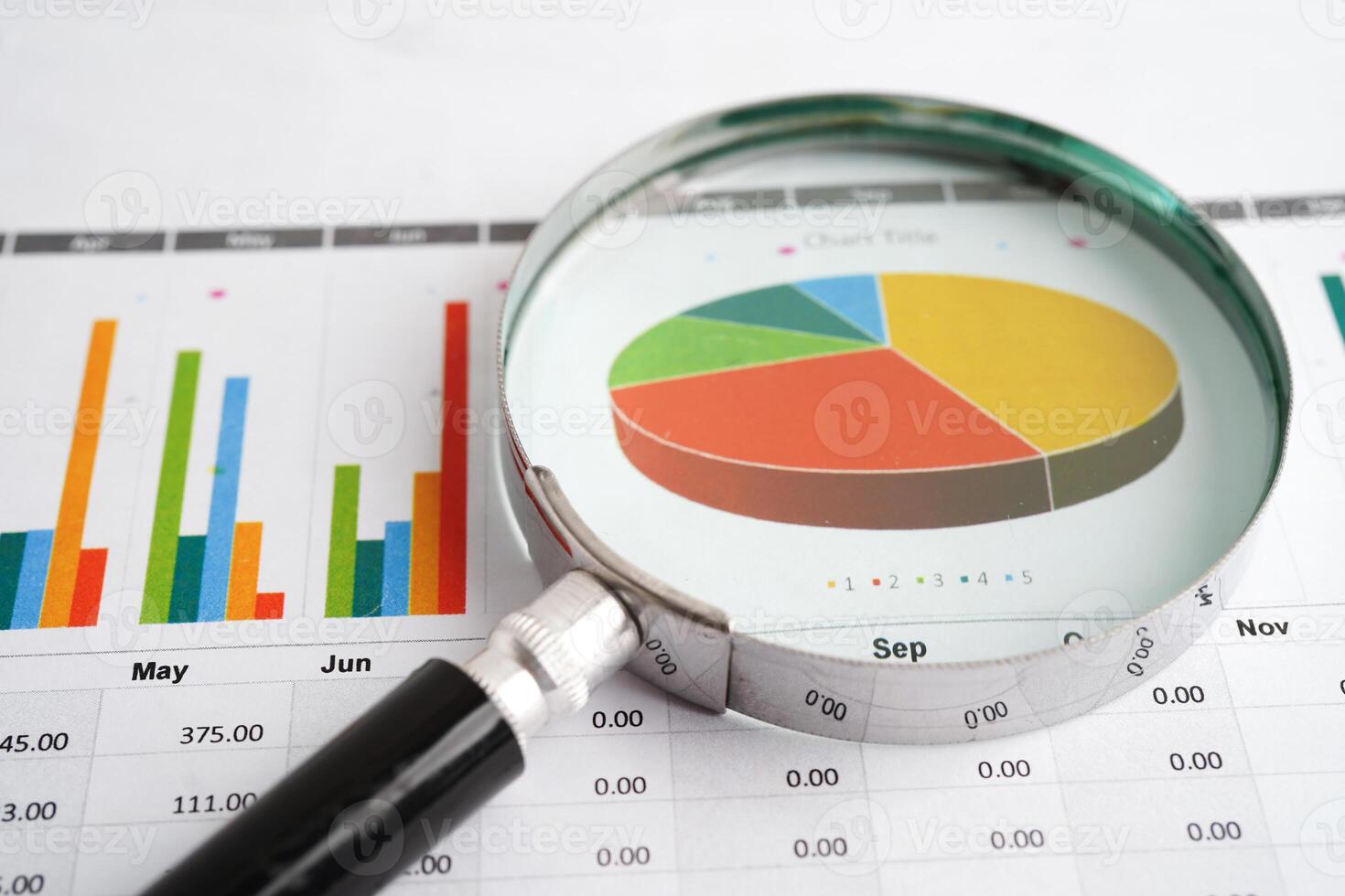 Magnifying glass on charts graphs paper. Financial development Banking photo