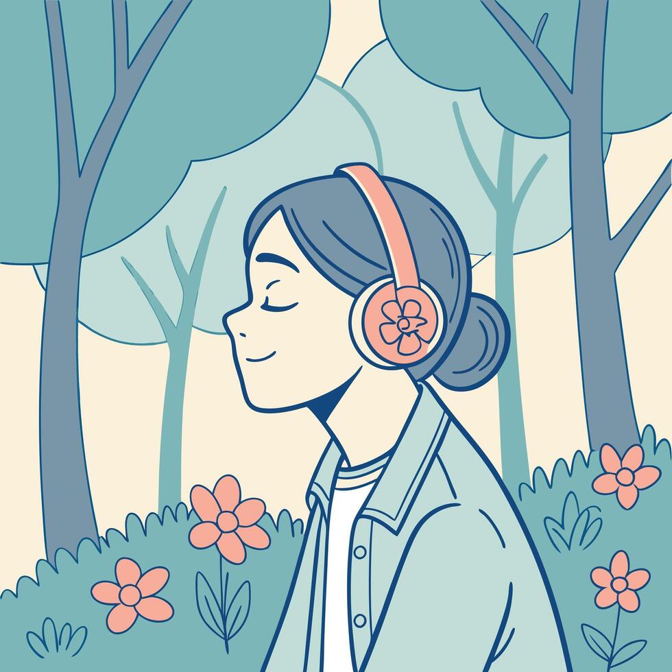 A girl with headphones lost in music vector