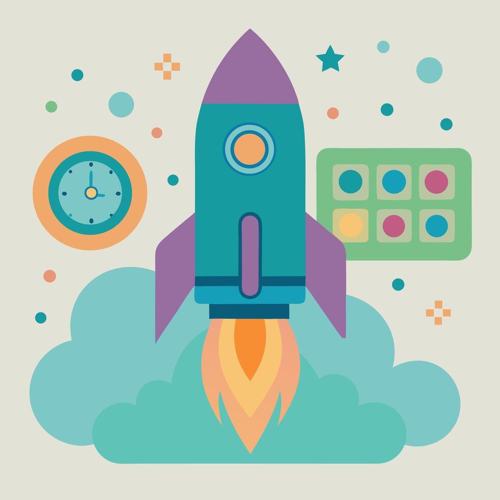rocket launchpad and countdown icons, mission liftoff theme vector