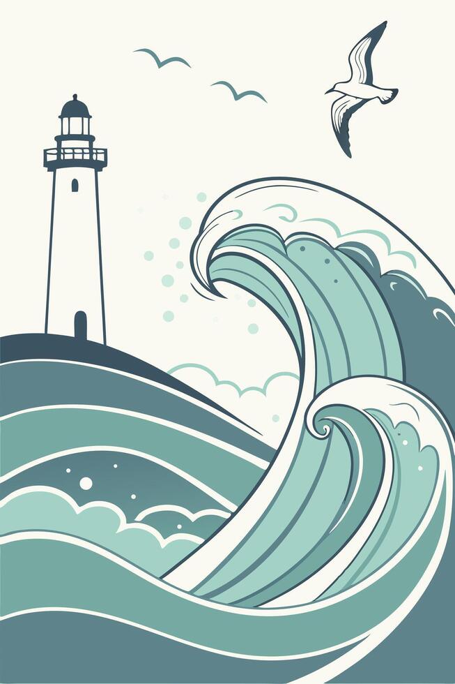 A lighthouse on a hill with stylized waves and a seagull in the sky, all in shades of blue and white vector