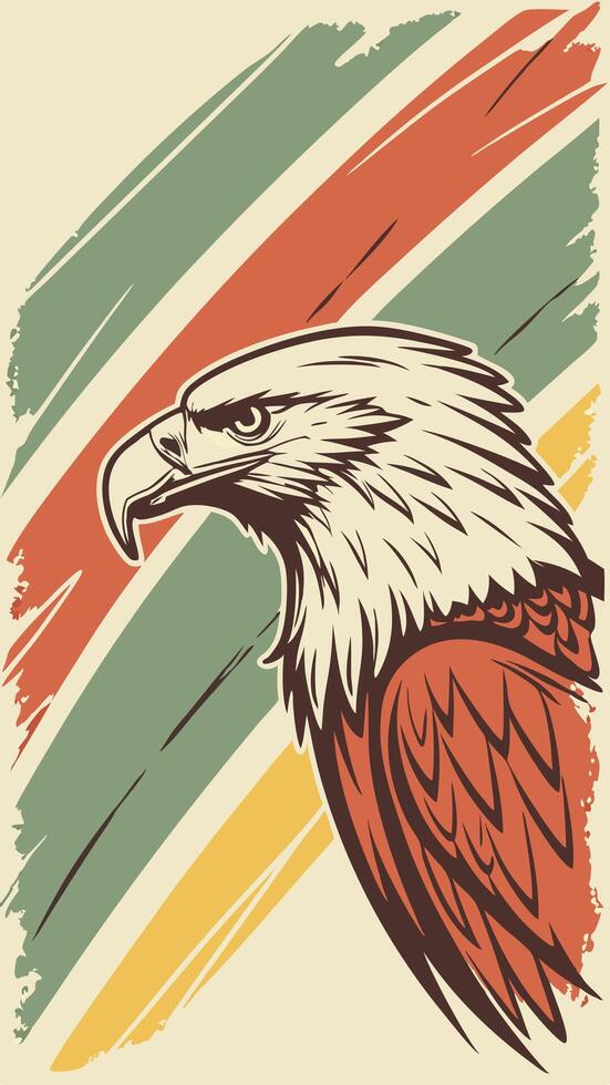 An eagle head with a retro style and a background with diagonal stripes in green, yellow, and red colors vector