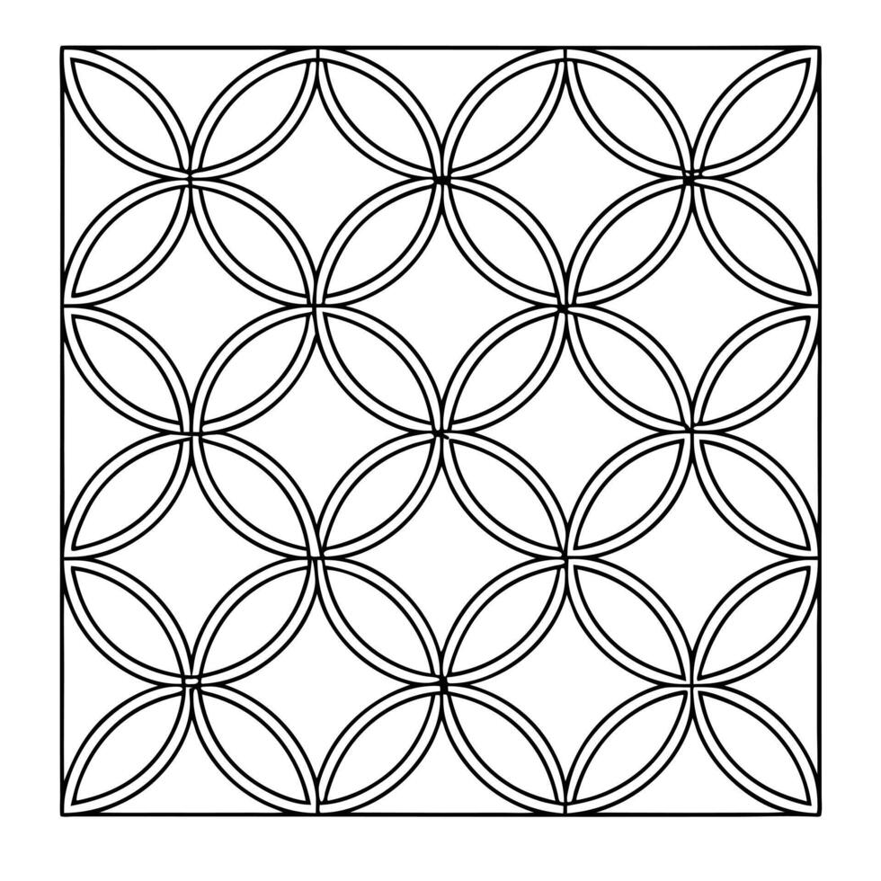 A geometric pattern of overlapping circles in a square grid, black lines on a white background, minimalist design, symmetrical composition, clea vector