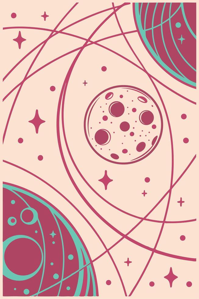 A moon with craters and stars, surrounded by curved lines, in a space background with planets and constellations, minimalist style, flat design vector