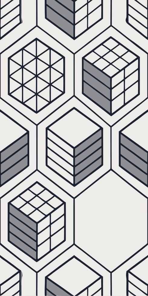 Isometric seamless pattern with hexagons containing geometric shapes vector