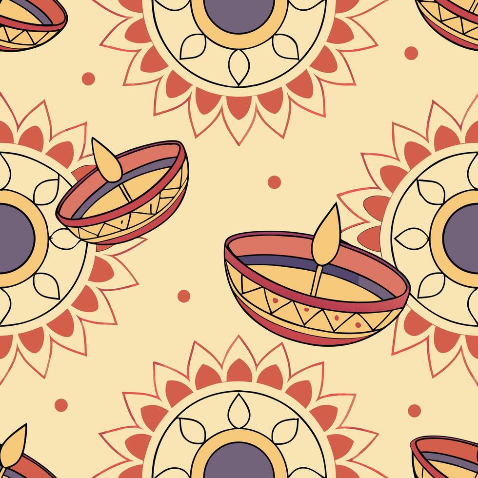 Diwali lamps glowing in rangoli patterns vector