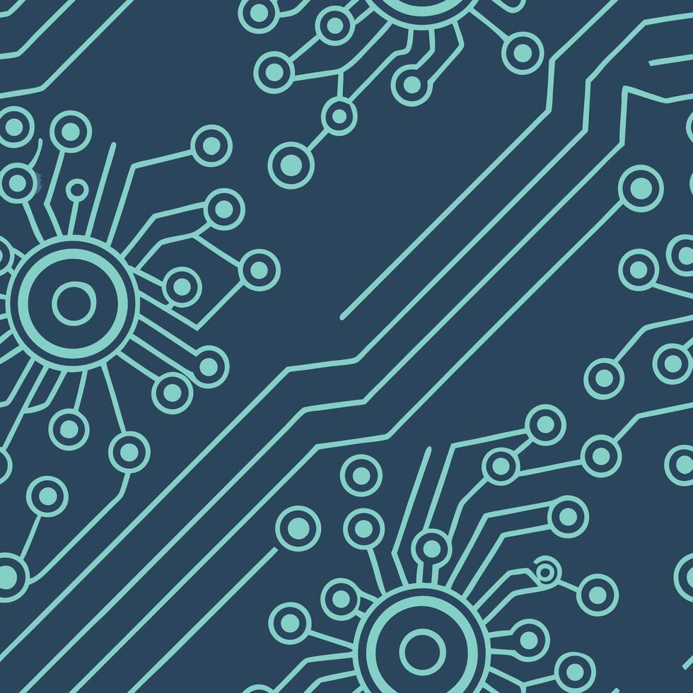 Seamless pattern of circuit board with blue lines and circles on a dark blue background vector