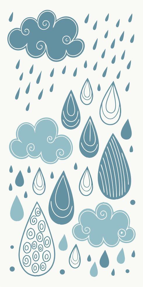 illustration of rain drops and clouds, soft blue tones, whimsical flat design, repeating seamless pattern vector